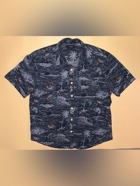 Lucky Brand Shirt Men’s XL Hawaiian Print Button Up Classic Fit Blue Tropical